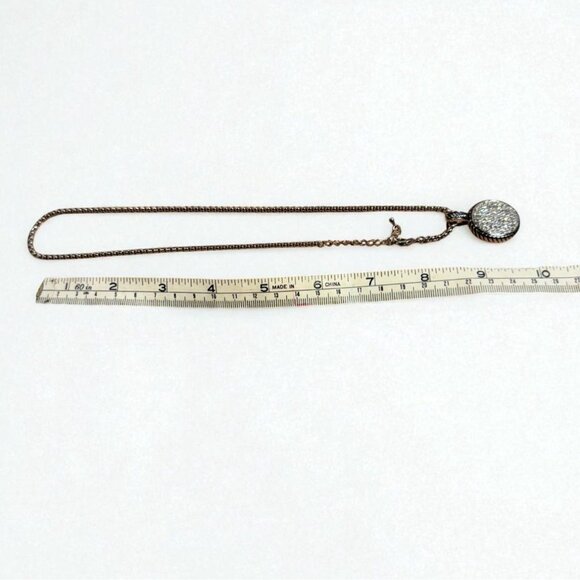 Silver-Tone Pendant Necklace With Rhinestone Pave Round Charm 18" Adjustable Cha - Picture 8 of 8